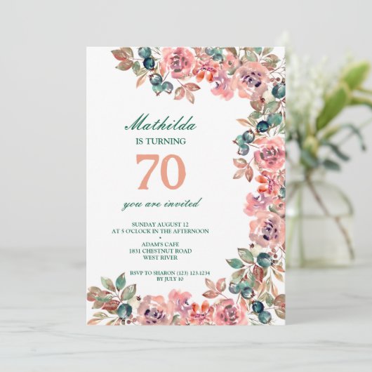 70th誕生日パーティーパステル花カラフル 招待状 (スタンド正面)