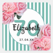 70th誕生日パーティーピンク花模様ティール（緑がかった色）ストライプ スクエアシール (正面)