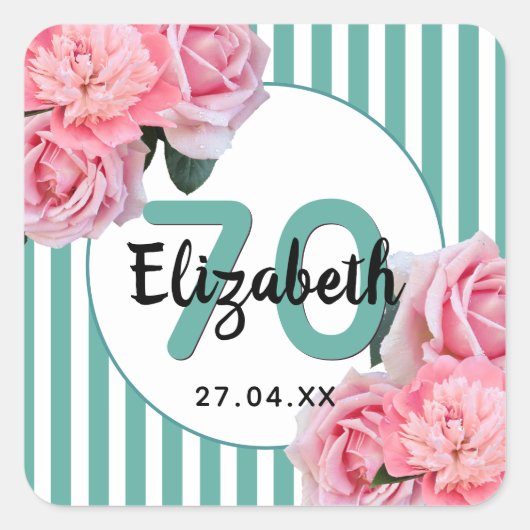 70th誕生日パーティーピンク花模様ティール(緑がかった色)ストライプ スクエアシール (正面)