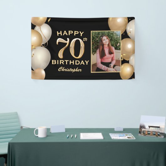 70th誕生日パーティーブラックと金ゴールドバルーン写真 横断幕 (トレードショー)
