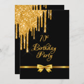 70th誕生日パーティーブラック金ゴールドボウグリッタードリップ 招待状 (正面/裏面)