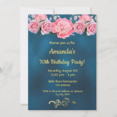 70th誕生日パーティーブルーとピンクの花 招待状 (正面)