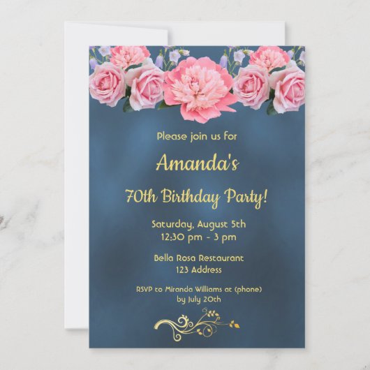 70th誕生日パーティーブルーとピンクの花 招待状 (正面)