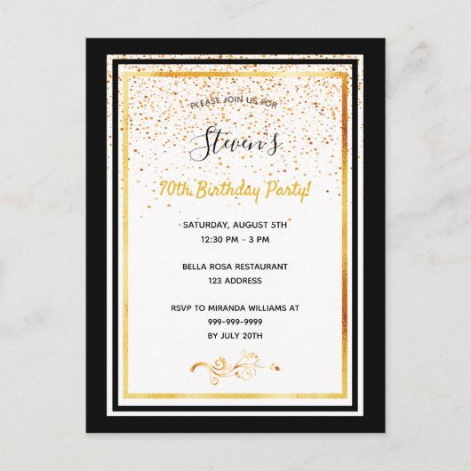 70th誕生日パーティー白黒金ゴールド招待 ポストカード (正面)