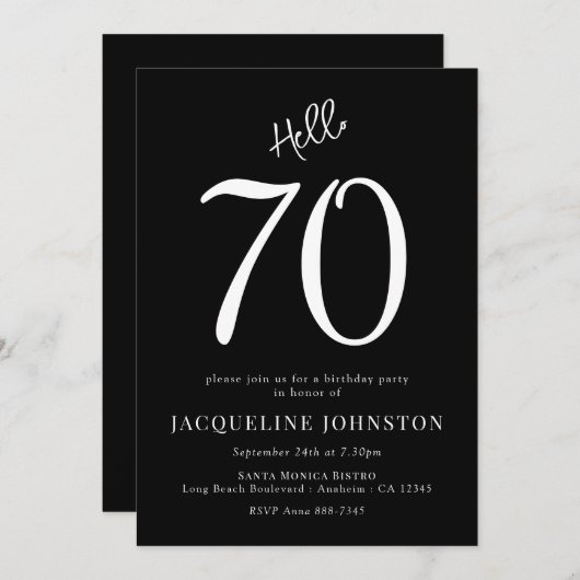 70th誕生日パーティー白黒 招待状 (正面/裏面)