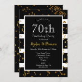 70th誕生日パーティー白黒 |金ゴールドグリッター 招待状 (正面/裏面)