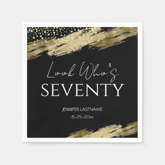 70th誕生日パーティー金ゴールドブラックルック誰が スタンダードカクテルナプキン (正面)