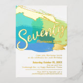 70th誕生日パーティー金ゴールド写真ブルー緑の抽象芸術 箔招待状 (正面)