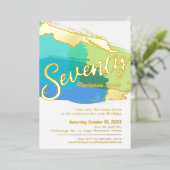 70th誕生日パーティー金ゴールド写真ブルー緑の抽象芸術 箔招待状 (立ち正面)