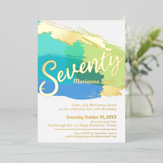 70th誕生日パーティー金ゴールド写真ブルー緑の抽象芸術 箔招待状 (立ち正面)