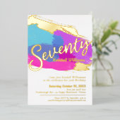 70th誕生日パーティー金ゴールド写真明るい抽象芸術アート 箔招待状 (立ち正面)