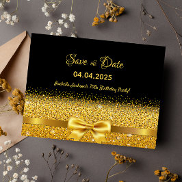 70th誕生日パーティー黒い金ゴールドボウ日付を保存 ポストカード