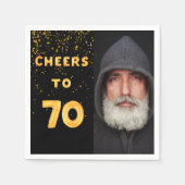 70th誕生日パーティー黒い金ゴールド写真 スタンダードカクテルナプキン (正面)