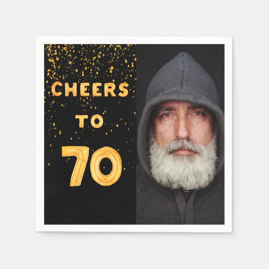 70th誕生日パーティー黒い金ゴールド写真 スタンダードカクテルナプキン (正面)
