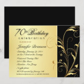 70th誕生日パーティー – エレガント金ゴールドフローラ招待状 招待状 (正面/裏面)