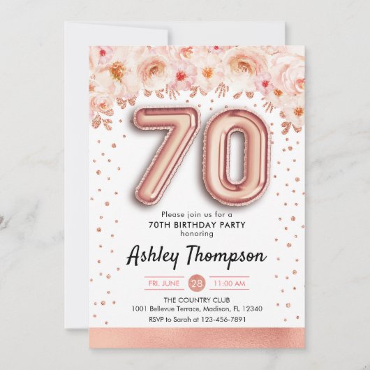 70th誕生日パーティー – バラ金ゴールドバルーン 招待状 (正面)