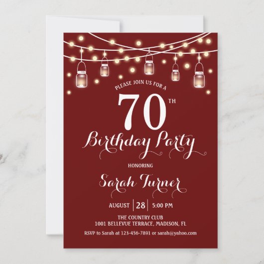 70th誕生日パーティー – 濃い赤 招待状 (正面)