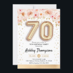 70th誕生日パーティー – 金ゴールドバルーン 招待状<br><div class="desc">70歳の誕生日パーティーの招待状。エレガントデザインのグリッターフェイク金ゴールドとフローラアクセント。招待状カードと金ゴールド番号70バルーン、スクリプトフォントと紙吹雪。赤面コーラルピンク、白。70日のスタイリッシュお祝い。メッセージもしメッセージはカスタム年齢。</div>