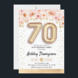70th誕生日パーティー – 金ゴールドバルーン 招待状<br><div class="desc">70歳の誕生日パーティーの招待状。エレガントデザインのグリッターフェイク金ゴールドとフローラアクセント。招待状カードと金ゴールド番号70バルーン、スクリプトフォントと紙吹雪。赤面コーラルピンク、白。70日のスタイリッシュお祝い。メッセージもしメッセージはカスタム年齢。</div>