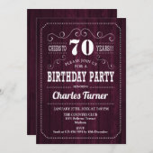70th誕生日パーティー – Burgundy Wood Pattern 招待状 (正面/裏面)