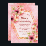 70th誕生日パーティーcoral金ゴールド花ジオメトリック 招待状<br><div class="desc">70歳のトレンディーパーティーの招待状。金ゴールドフェイク六角の幾何学形状の枠。ピンク飾、クリームとサンゴに水色のダリアの花を持つ。名前、年齢70のテンプレートとパーティー詳細。ブルゴーニュ色の文字。バック：生エレガントきたサンゴの色の背景と水玉模様。</div>