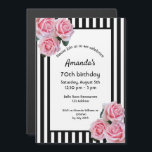 70th誕生日ピンクの花模様オン白黒ストライプ マグネット招待状<br><div class="desc">背景クラシックにスリムな黒と白のストライプ。ロマンチックなピンクのバラと、花は装飾として。パーティー情報のテンプレート付きの白黒フレーム。Aとガーリー70歳のバースデエレガントィーパーティーの招待状。また、ゲストの日付リマインダーを保存するために使用できる。</div>