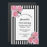 70th誕生日ピンクの花模様オン白黒ストライプ マグネット招待状<br><div class="desc">背景クラシックにスリムな黒と白のストライプ。ロマンチックなピンクのバラと、花は装飾として。パーティー情報のテンプレート付きの白黒フレーム。Aとガーリー70歳のバースデエレガントィーパーティーの招待状。また、ゲストの日付リマインダーを保存するために使用できる。</div>