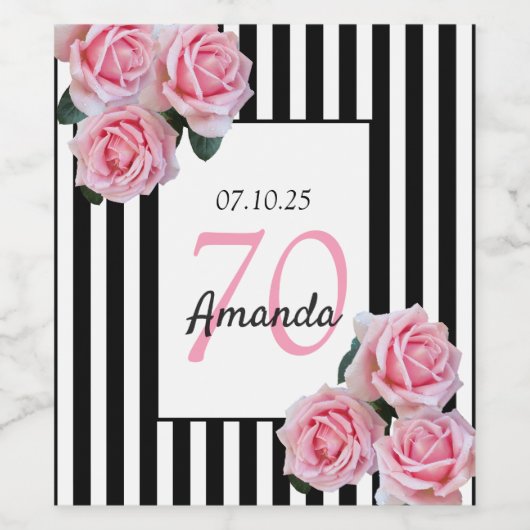 70th誕生日ピンクの花模様オン白黒ストライプ ワインラベル (シングルラベル)