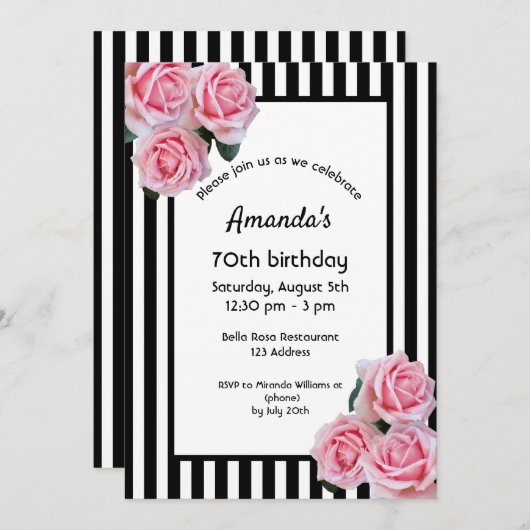 70th誕生日ピンクの花模様オン白黒ストライプ 招待状 (正面/裏面)