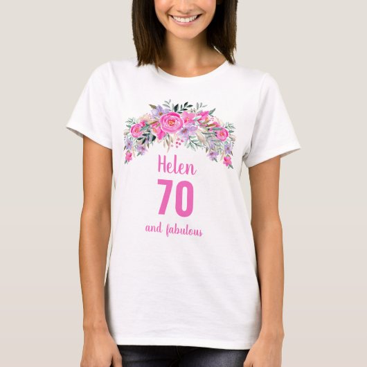 70th誕生日ピンクフローラ名 tシャツ (正面)