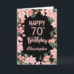 70th誕生日ピンク桃色水彩フローラブラック カード<br><div class="desc">70誕生日ピンク桃水色フローラブラック誕生日カード。さらにカスタマイズするには、「クリック カスタマイズ   」ボタンをクリックし、デザインツールを使用してこのテンプレートを変更してください。</div>