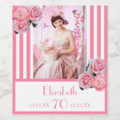 70th誕生日ピンク白いストライプフローラ名photo ワインラベル (シングルラベル)