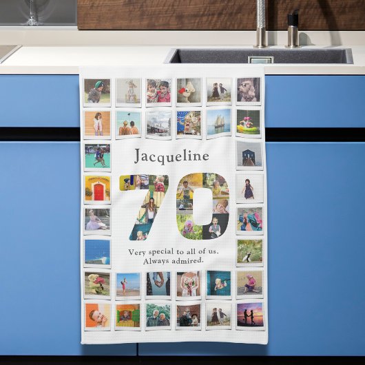 70th誕生日ファミリー写真テンプレート キッチンタオル