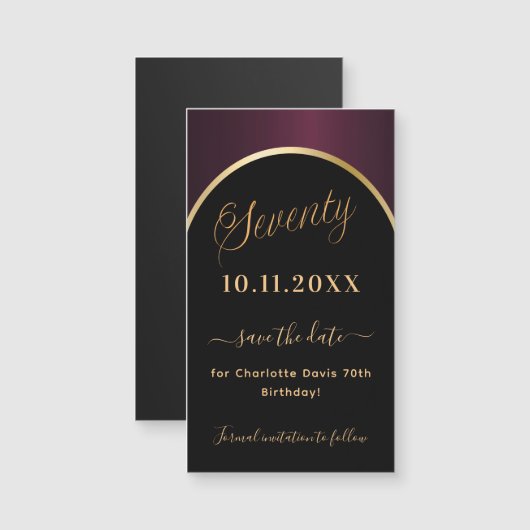 70th誕生日ブラックブルゴーニュ日付マグネットを保存 (正面/裏面)