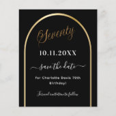 70th誕生日ブラック金ゴールドアーチ日付カードを保存 (正面)