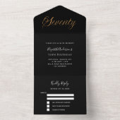 70th誕生日ブラック金ゴールドスクリプトrsvp オールインワン招待状 (内側)