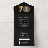 70th誕生日ブラック金ゴールド写真rsvp オールインワン招待状 (内側)