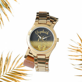 70th誕生日ブラック金ゴールド名エレガントbow 腕時計