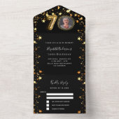 70th誕生日ブラック金ゴールド星写真rsvp オールインワン招待状 (内側)