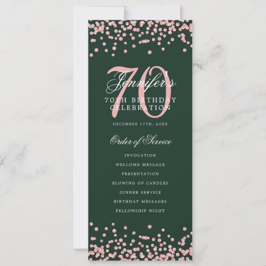 70th誕生日プログラムサンキューバラ金ゴールド緑 招待状 (正面)