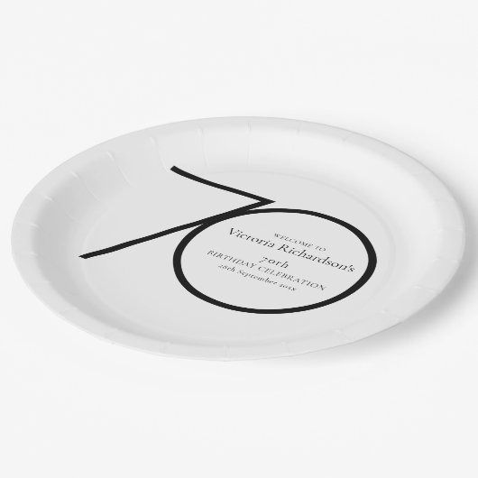 70th誕生日ミニマル白黒シックカスタム ペーパープレート (アングル)