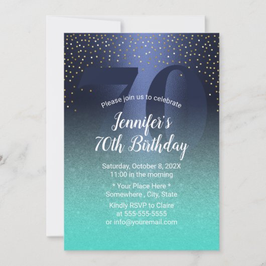 70th誕生日モダンネイビーブルー&ターコイズ 招待状 (正面)