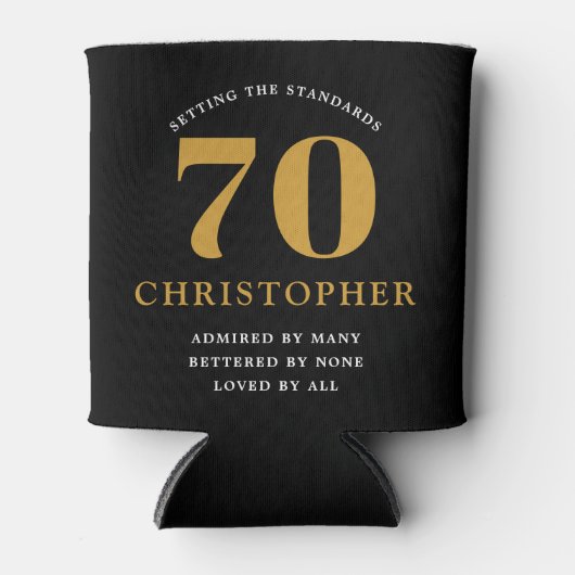 70th誕生日名前を追加70ブラック金ゴールドシック 缶クーラー (正面)