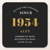 70th誕生日名1954ブラック金ゴールドシック スクエアペーパーコースター (正面)