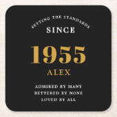 70th誕生日名1955ブラック金ゴールドシック スクエアペーパーコースター (正面)