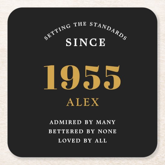 70th誕生日名1955ブラック金ゴールドシック スクエアペーパーコースター (正面)