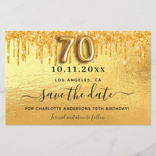70th誕生日金ゴールドグリッター日付カードを保存 (正面)