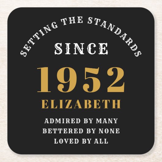 70th誕生日1952黒エレガント金ゴールドシック スクエアペーパーコースター (正面)