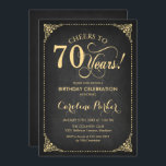 70th誕生日 – 黒板金ゴールド 招待状<br><div class="desc">第70誕生日招待状エレガントヴィンテージブラックと金ゴールドデザインと黒板パターンとスクリプトフォント。応援70年！どんなパーソナライズされた時代にも入る！メッセージもしの詳細なカスタマイズが必要。</div>