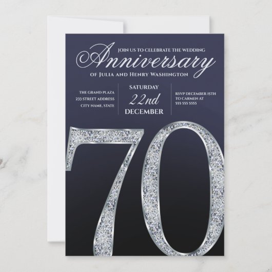 70th Anniversary Diamond Silver Navy Blue Modern 招待状 (正面)